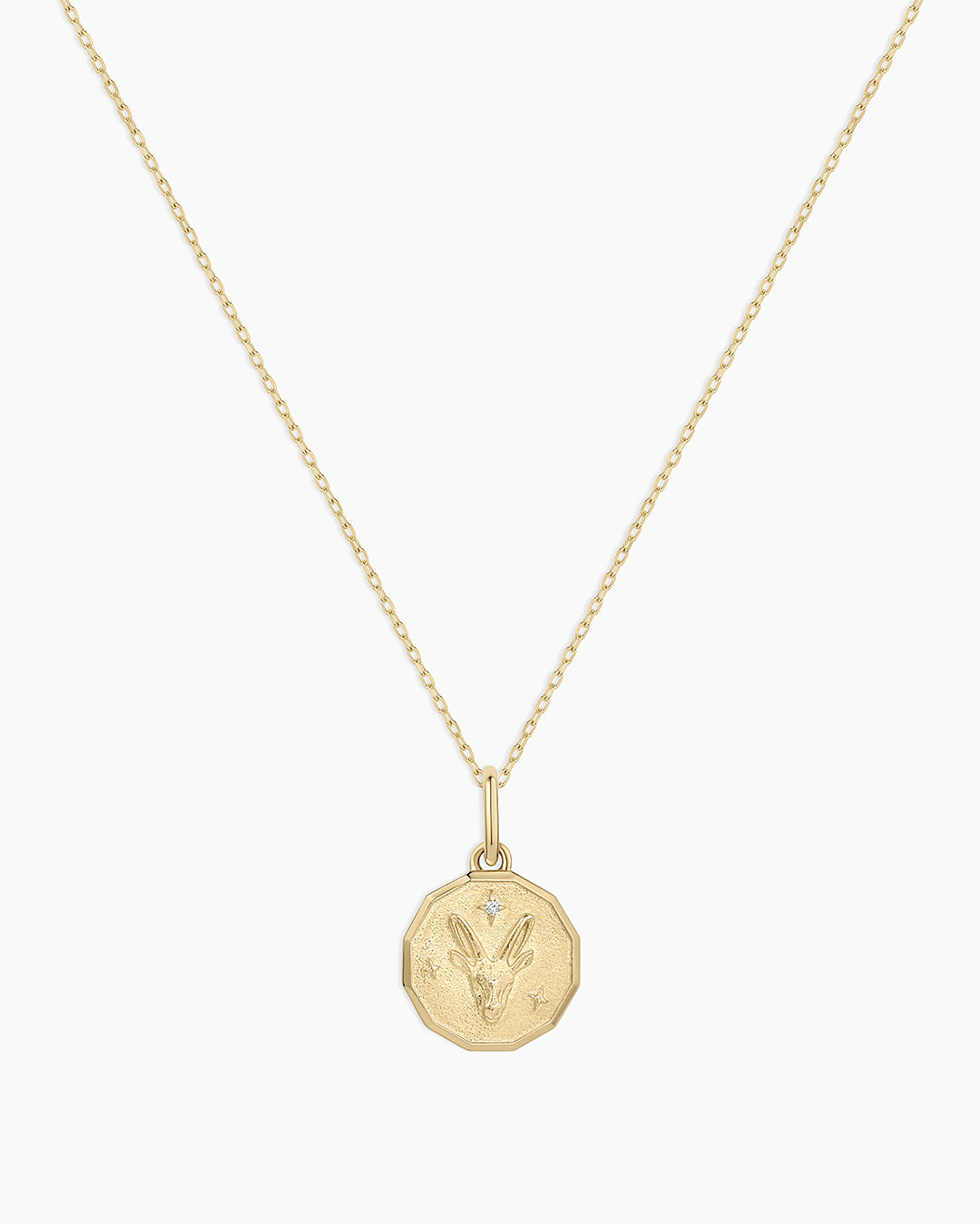 Diamond Zodiac Coin Charm Necklace || option::14K Solid Gold, Capricorn