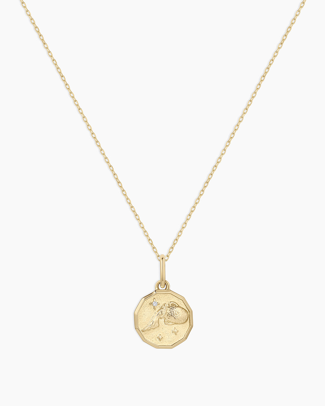 Diamond Zodiac Coin Charm Necklace || option::14K Solid Gold, Aquarius