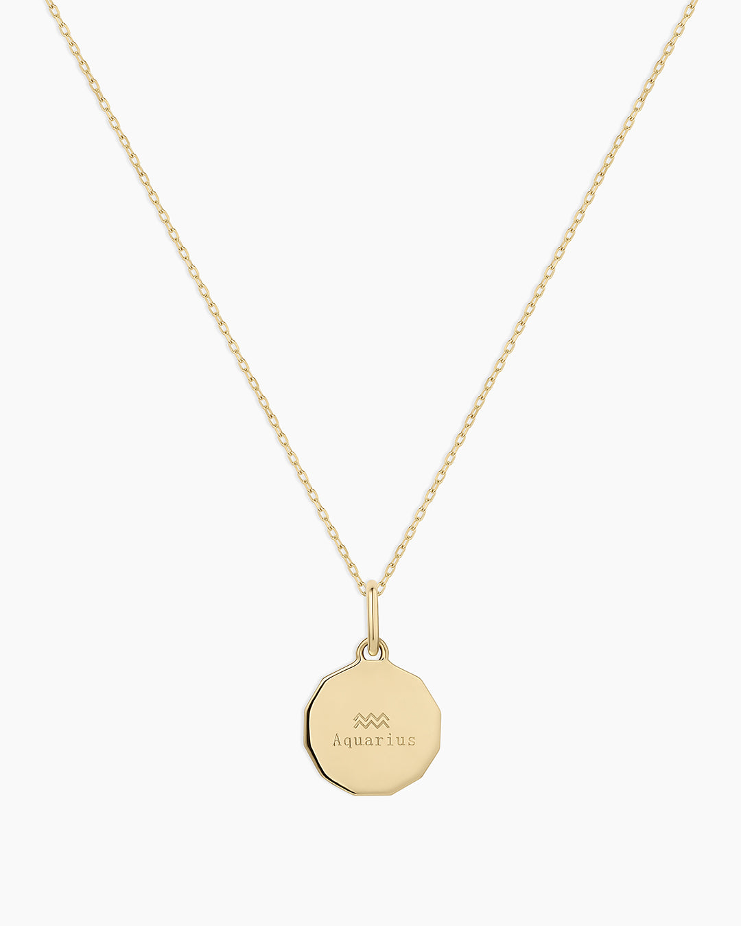 Diamond Zodiac Coin Charm Necklace || option::14K Solid Gold, Aquarius