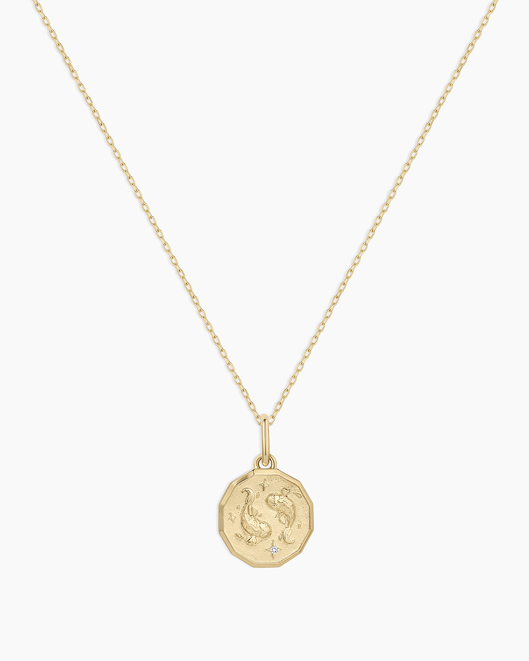 Diamond Zodiac Coin Charm Necklace || option::14K Solid Gold, Pisces