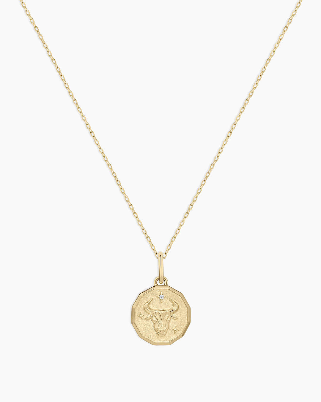 Diamond Zodiac Coin Charm Necklace || option::14K Solid Gold, Taurus