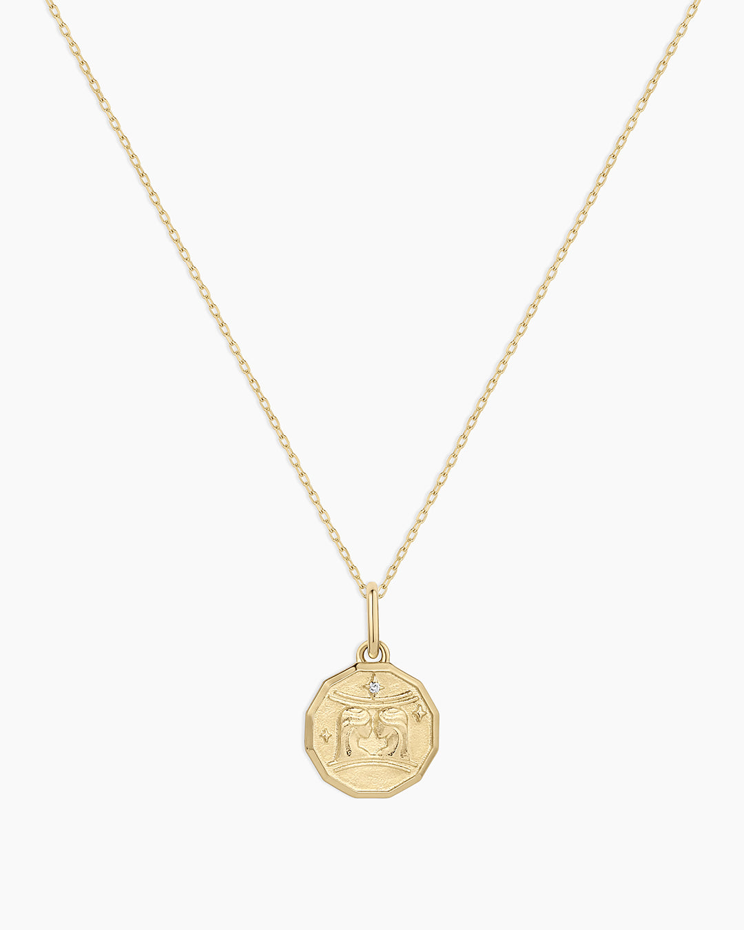 Diamond Zodiac Coin Charm Necklace || option::14K Solid Gold, Gemini