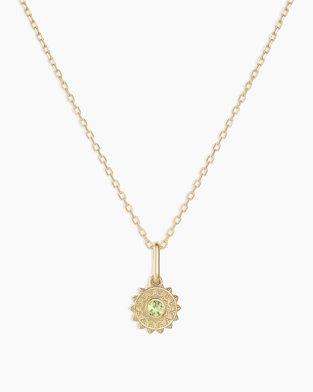 Sun Birthstone Charm Necklace || option::14K Solid Gold, Peridot - August