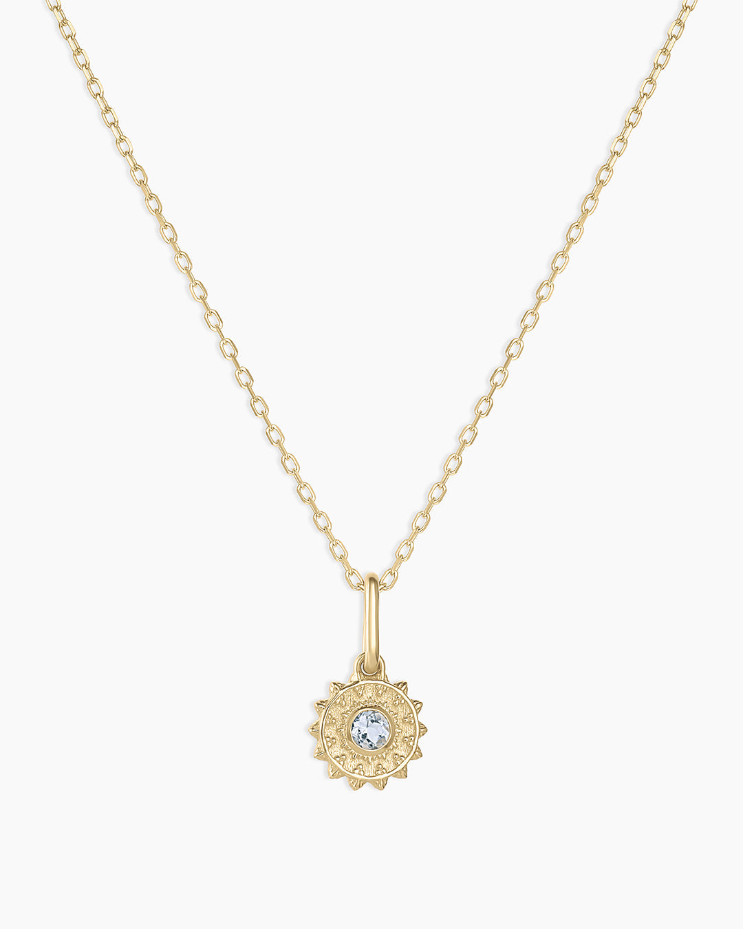 Sun Birthstone Charm Necklace || option::14K Solid Gold, Aquamarine - March