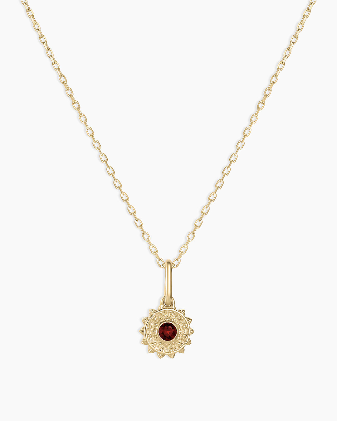 Sun Birthstone Charm Necklace || option::14K Solid Gold, Garnet - January