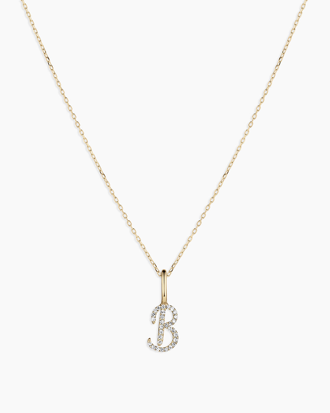 Diamond Script Alphabet Charm Necklace || option::14K Solid Gold, B
