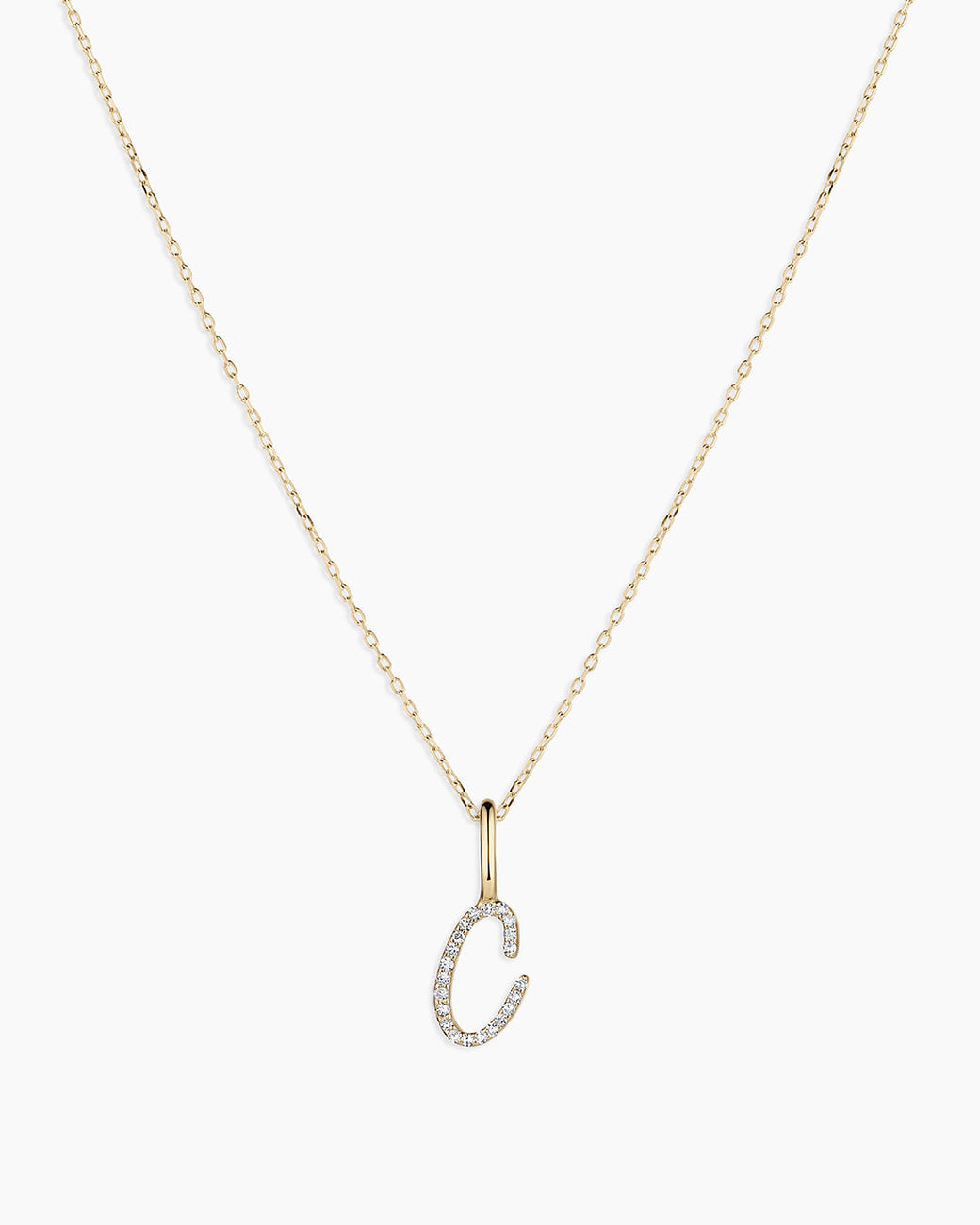 Diamond Script Alphabet Charm Necklace || option::14K Solid Gold, C