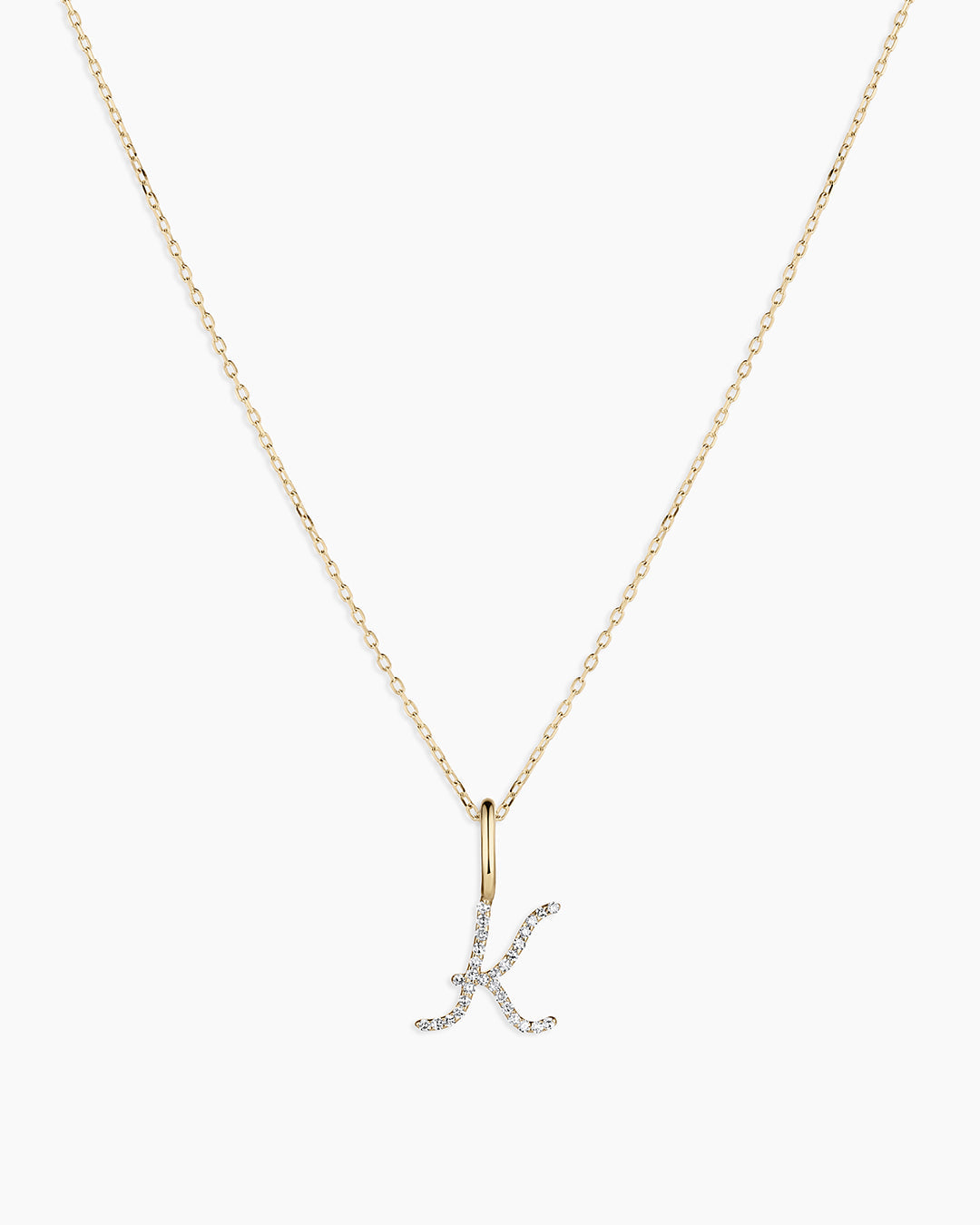 Diamond Script Alphabet Charm Necklace || option::14K Solid Gold, K
