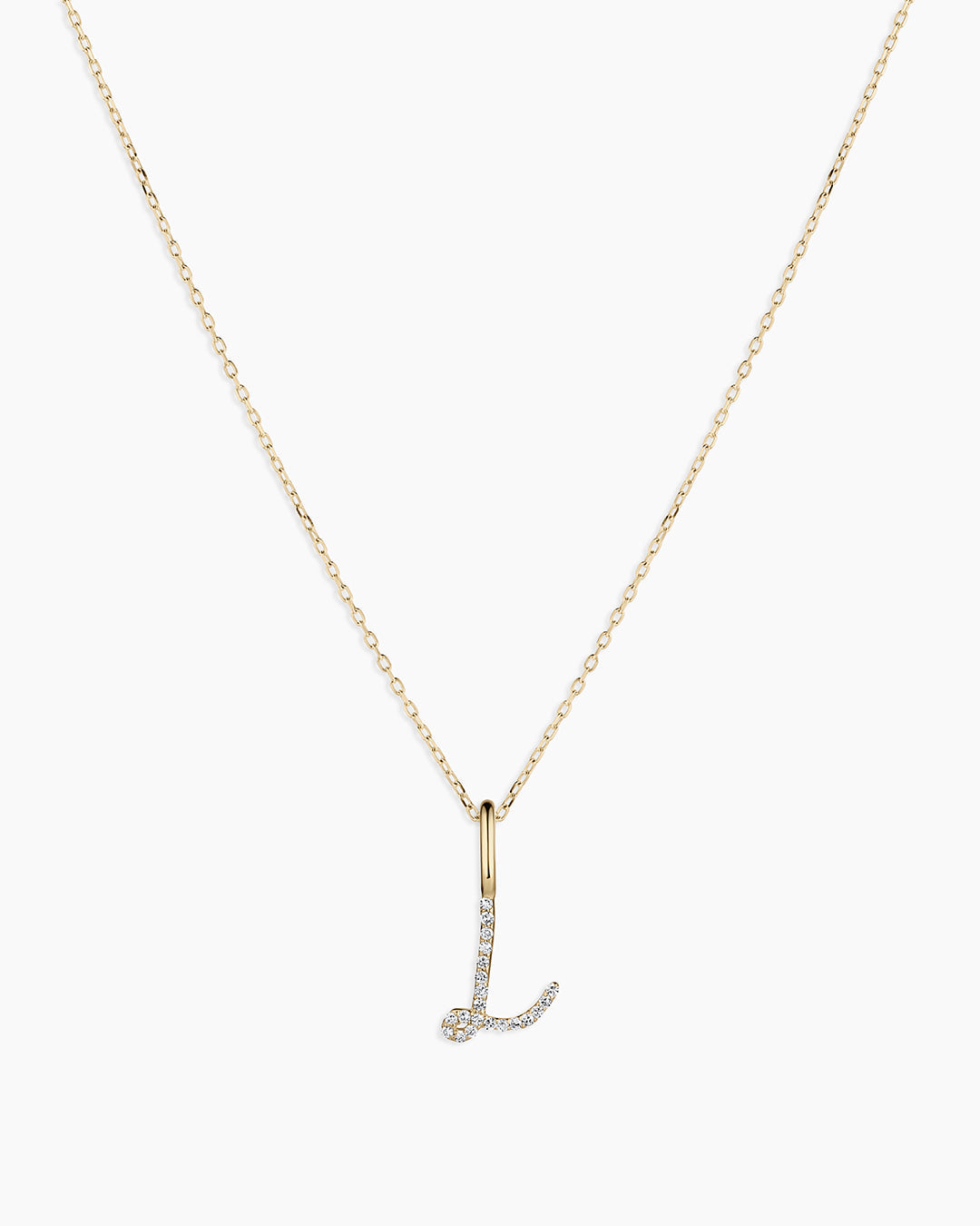 Diamond Script Alphabet Charm Necklace || option::14K Solid Gold, L
