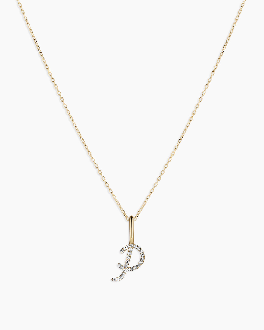 Diamond Script Alphabet Charm Necklace || option::14K Solid Gold, P