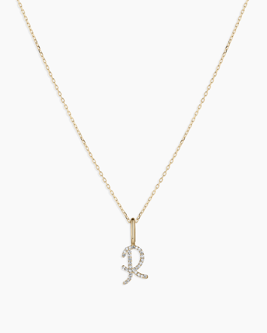 Diamond Script Alphabet Charm Necklace || option::14K Solid Gold, R