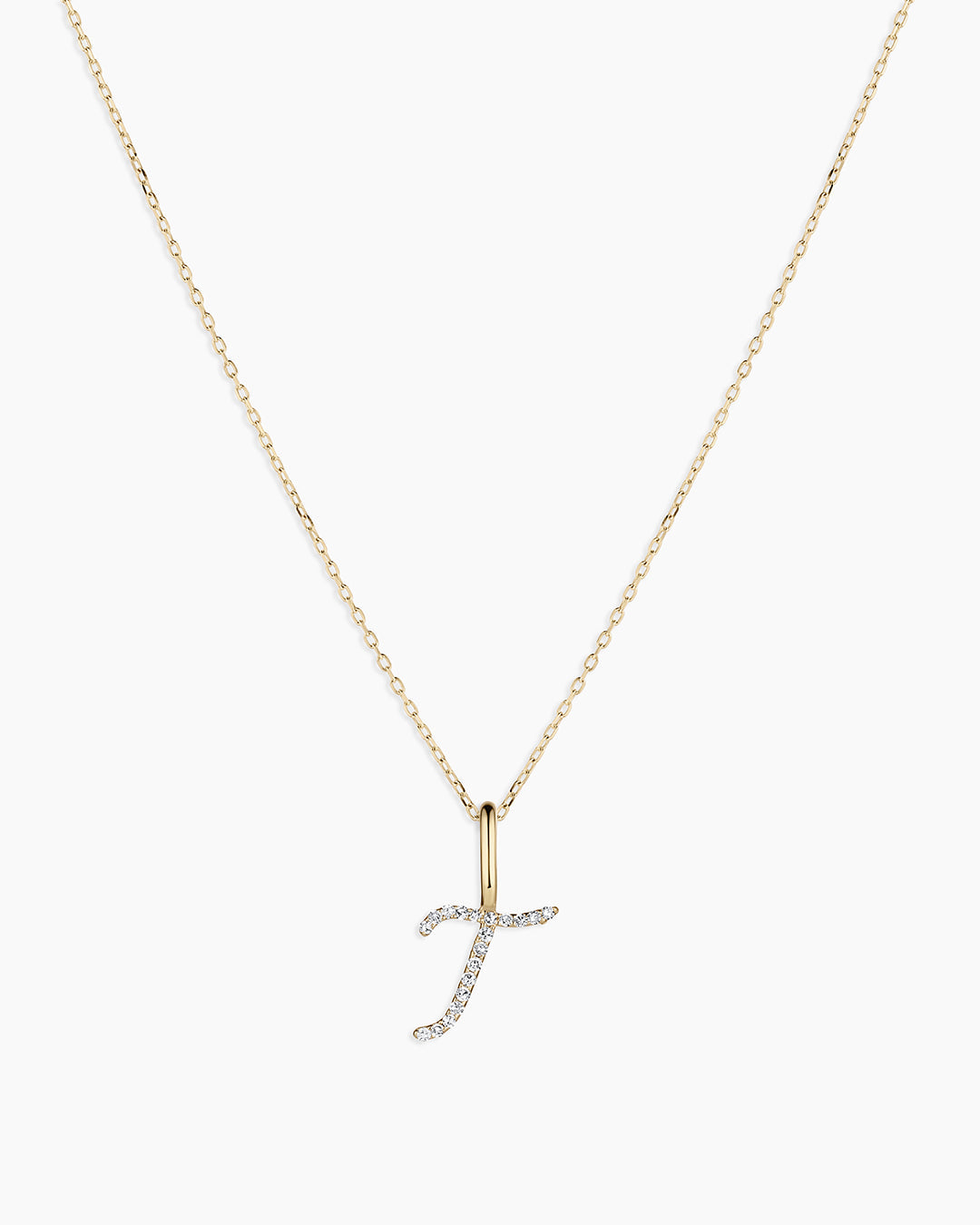 Diamond Script Alphabet Charm Necklace || option::14K Solid Gold, T