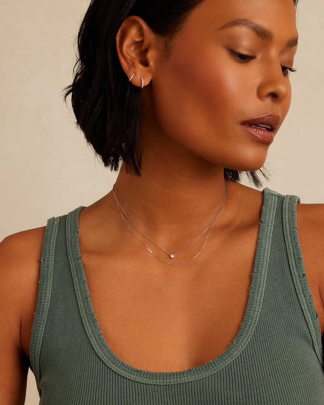 Woman wearing Alphabet Necklace || option::14K Solid White Gold, V