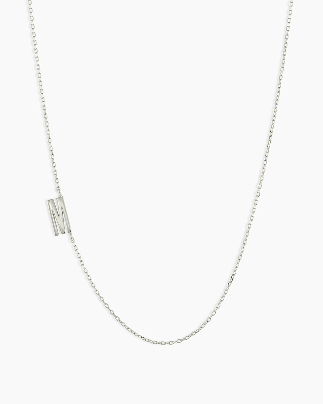 Woman wearing Alphabet Necklace || option::14K Solid White Gold, M