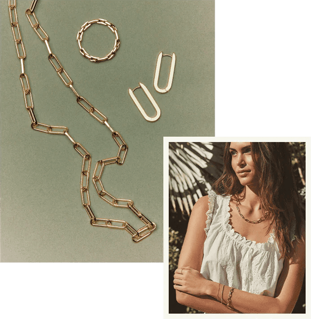 gold chain link necklace and model wearing necklace
