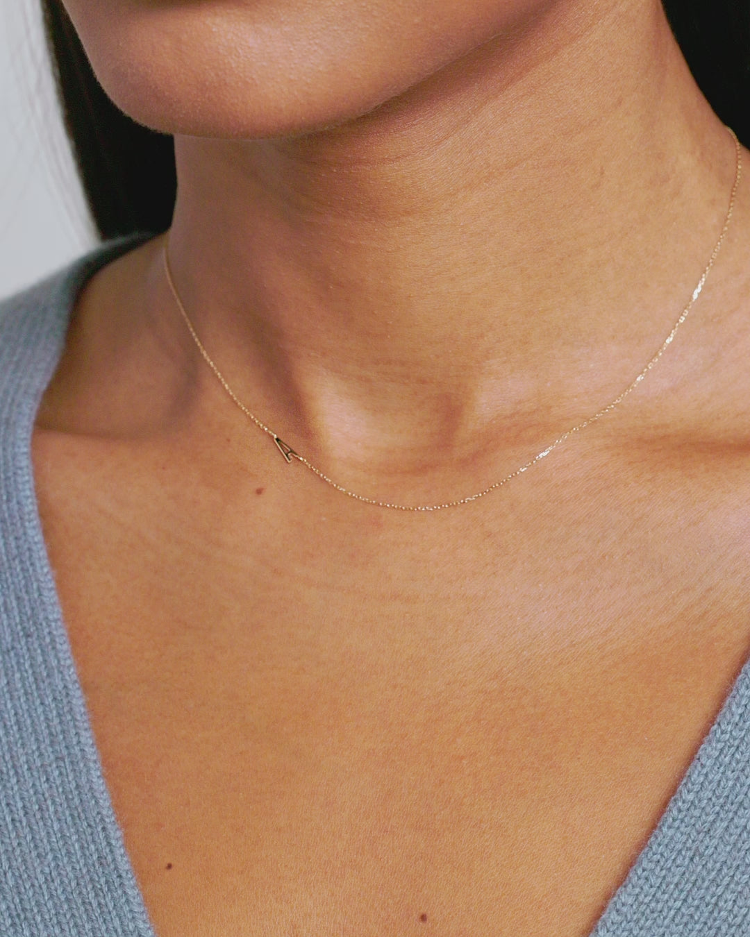 Woman wearing Alphabet Necklace || option::14K Solid Gold, A