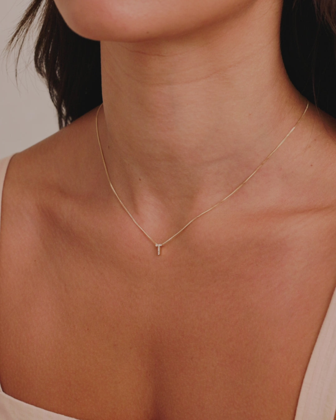 Diamond Alphabet Necklace || option::14K Solid Gold, T