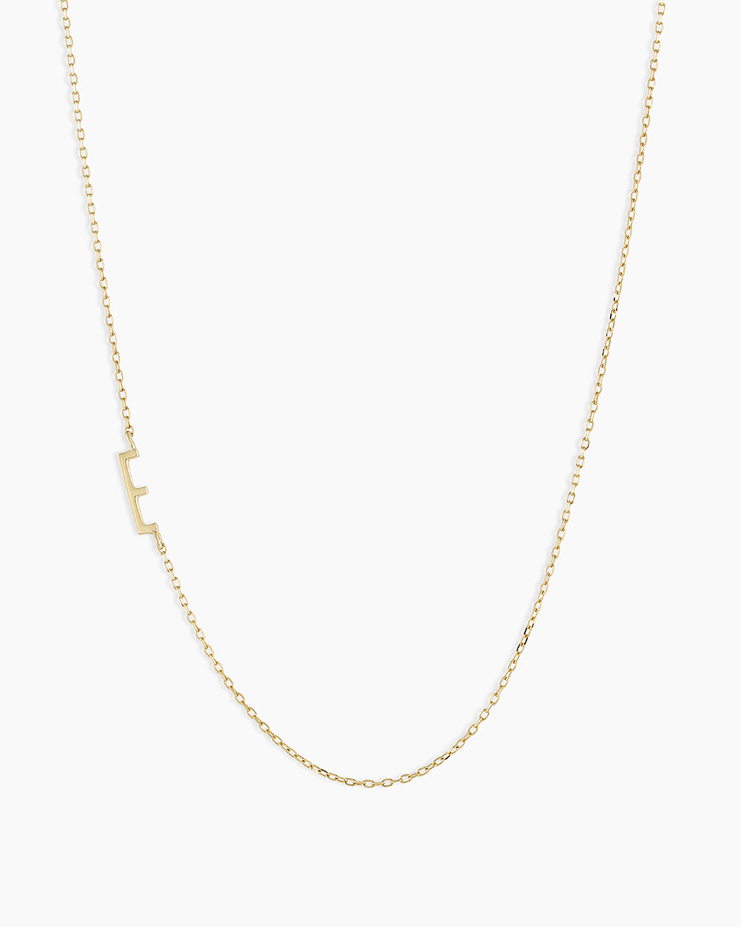 Woman wearing Alphabet Necklace || option::14K Solid Gold, E