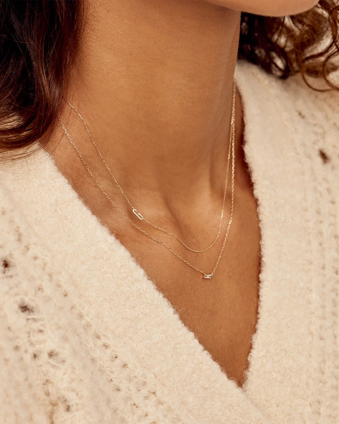Woman wearing Alphabet Necklace || option::14K Solid Gold, Q